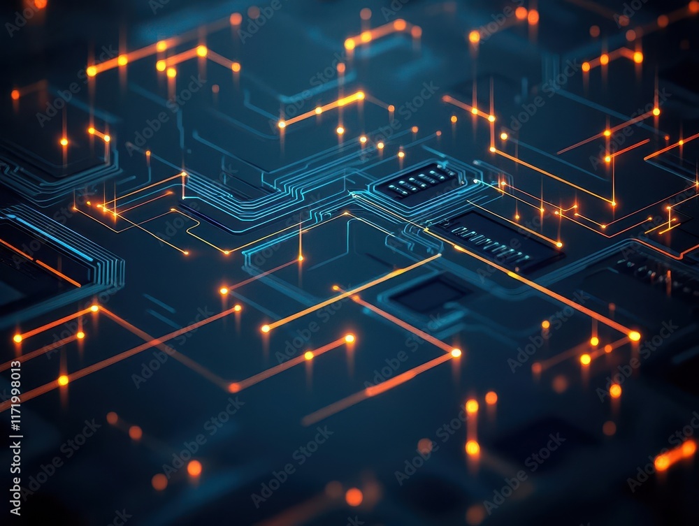 Poster intricate circuit board design featuring glowing lights and vibrant colors highlighting technology i