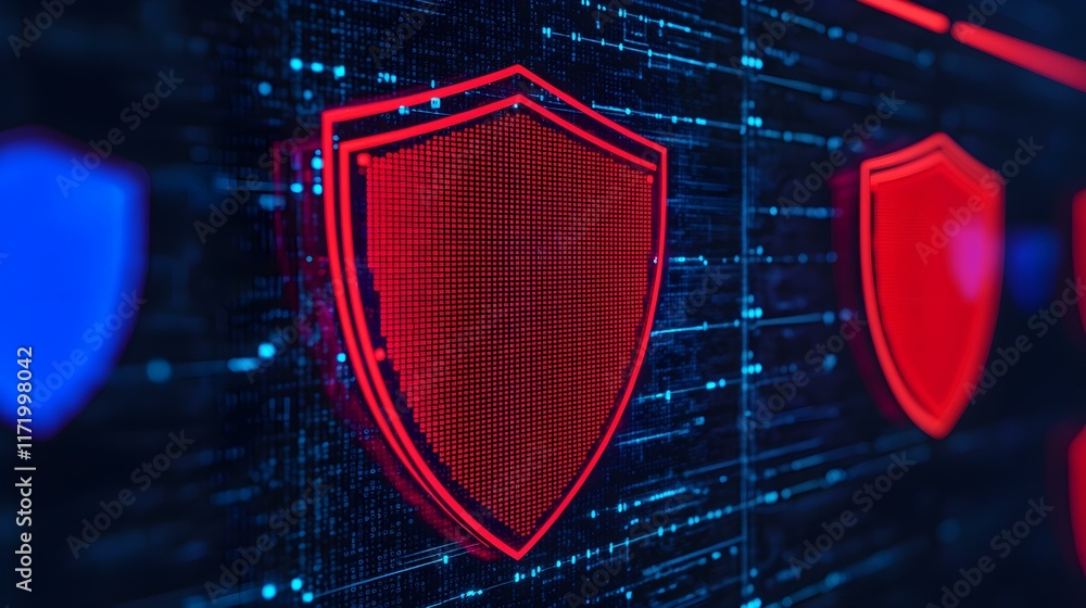 Poster digital shield representing cybersecurity protection and data privacy in a modern high-tech environm