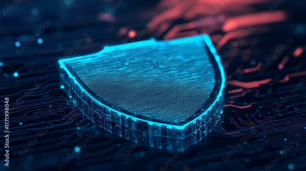 Poster futuristic digital shield concept representing cybersecurity protection with circuit board elements 