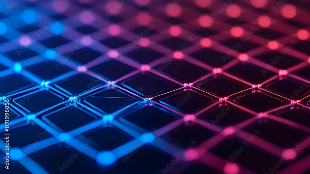 Poster abstract pattern of neon lights creating a digital grid with bright colors of blue and red in a high