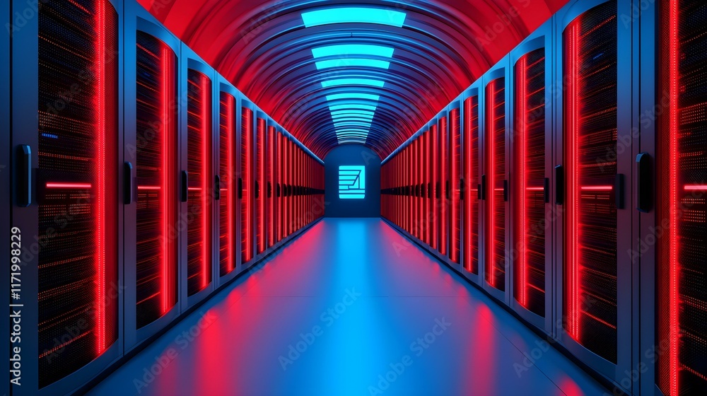 Aufkleber futuristic data center with bright neon lighting and server racks in a high-tech environment featuri