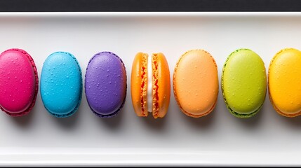 Colorful macarons arranged on a white rectangular plate.