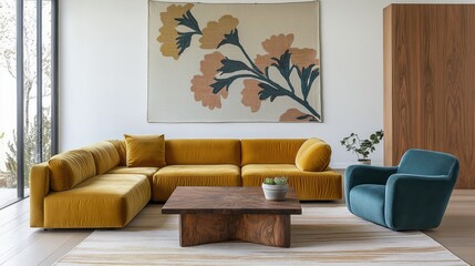 Generative AI, Bright modern living room with mustard suede sofa and vibrant floral tapestry