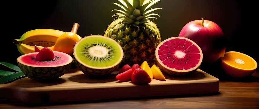 Vibrant colors of tropical fruits artfully arranged on a wooden cutting board