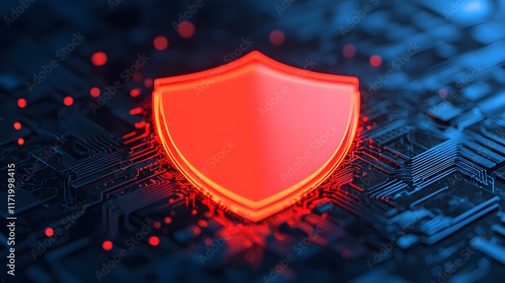 Poster abstract representation of digital security with glowing red shield on intricate blue electronic cir