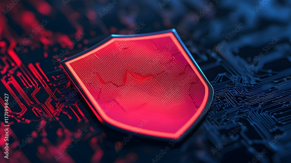 Aufkleber red shield symbol representing cybersecurity protection on circuit board background with digital tec