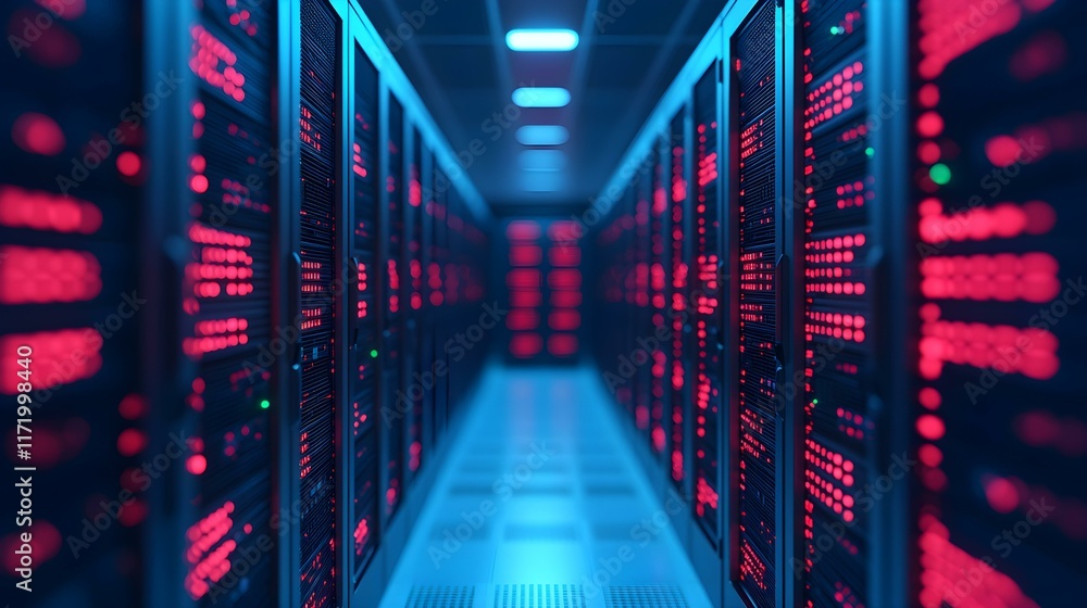 Aufkleber data center aisle with rack servers illuminated by red led lights in a modern technological environm