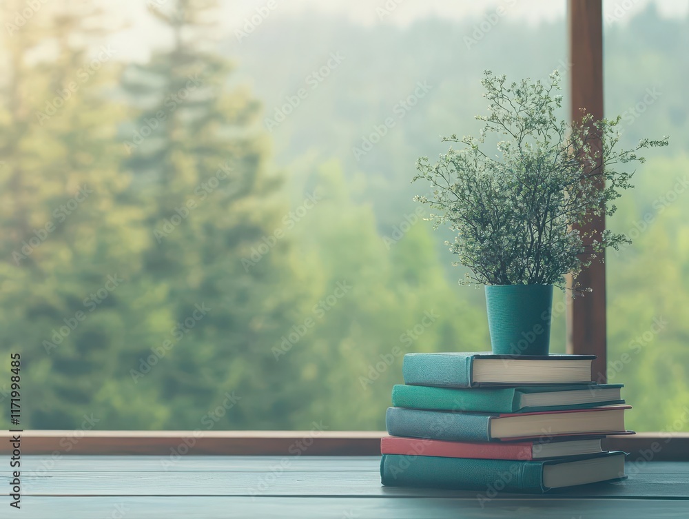 Poster a cozy reading nook featuring a stack of colorful books on a wooden table surrounded by a lush green