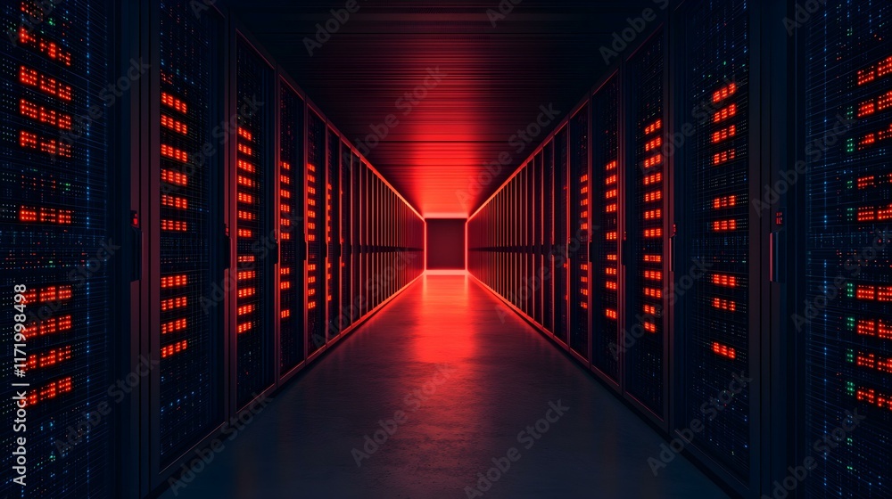 Poster futuristic server room with red lighting and high-tech equipment creating a dramatic atmosphere in a