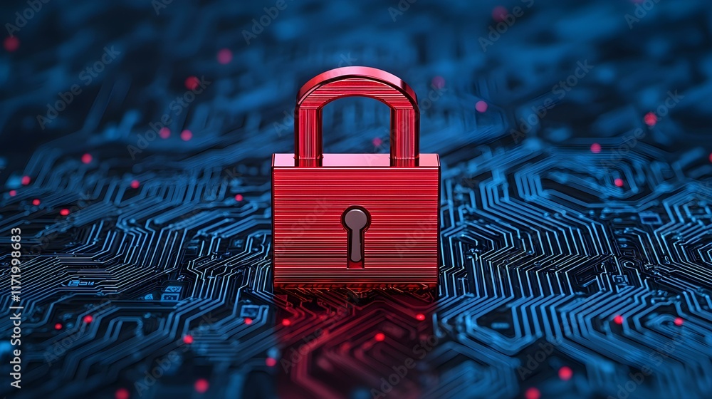 Aufkleber red metal padlock symbolizing cybersecurity protection on digital circuit board background with glow