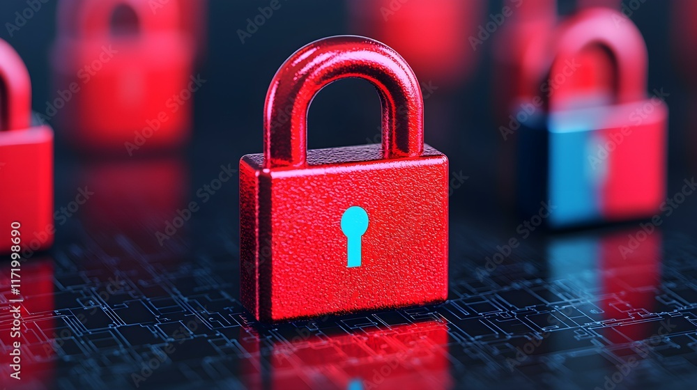 Aufkleber a close-up view of a glossy red padlock on a digital circuit background, symbolizing security and da