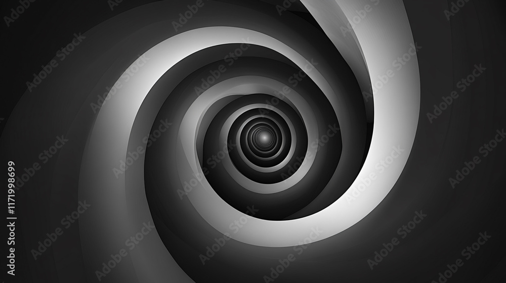 Poster abstract spiral design with shades of gray creating a sense of depth and motion