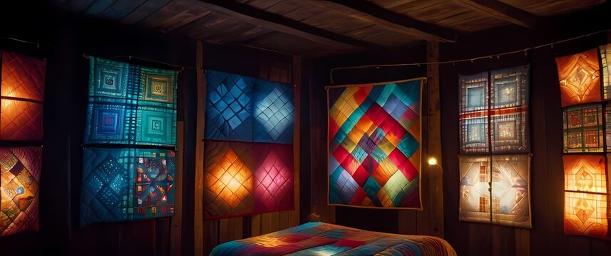 Vibrant patchwork quilts hung beautifully against a rustic backdrop