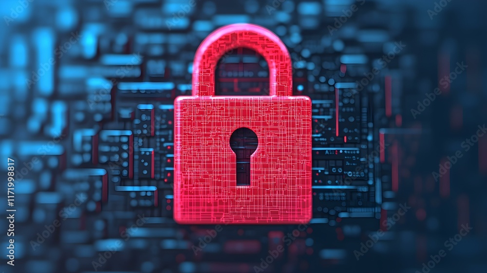 Poster digital security concept with a glowing red padlock symbolizing data protection and internet safety 