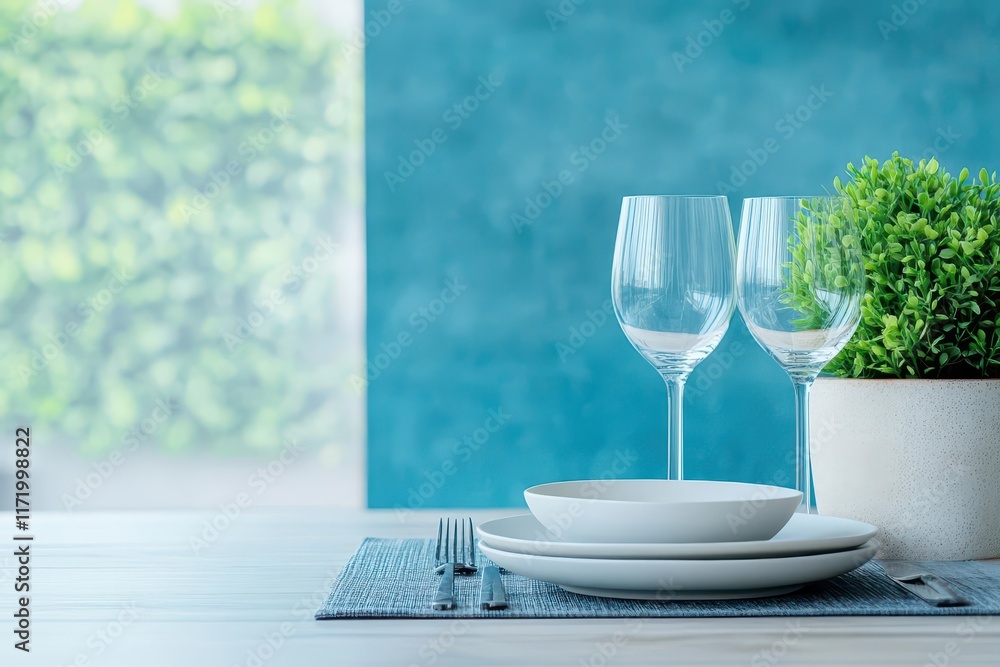 Aufkleber a cozy dining table set with a beautiful plate and glass surrounded by lush green plant creating an 
