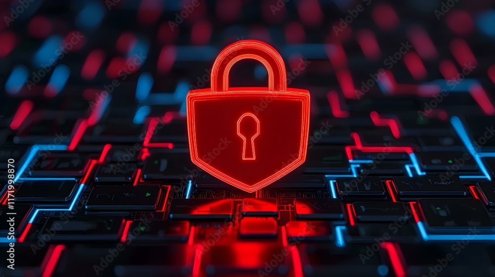 Aufkleber digital security lock icon on a high-tech circuit board background featuring red and blue neon light