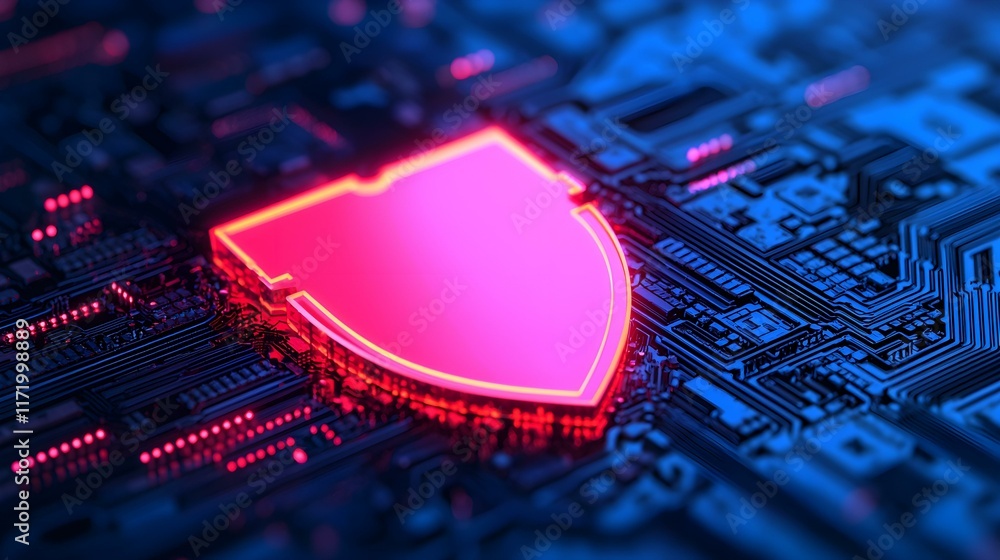 Aufkleber abstract digital background featuring a glowing shield symbol on a circuit board with neon lighting 