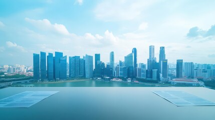 Obraz premium City skyline view from a conference room with investor documents on the table, contextual investor focus