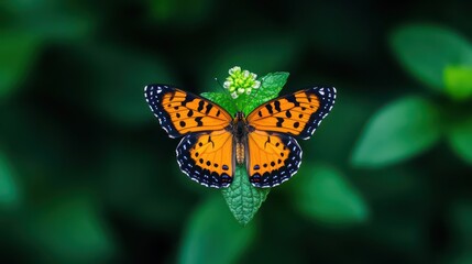 Naklejka premium Close-up of a butterfly on a flower, dappled sunlight filtering through leaves, captured from above