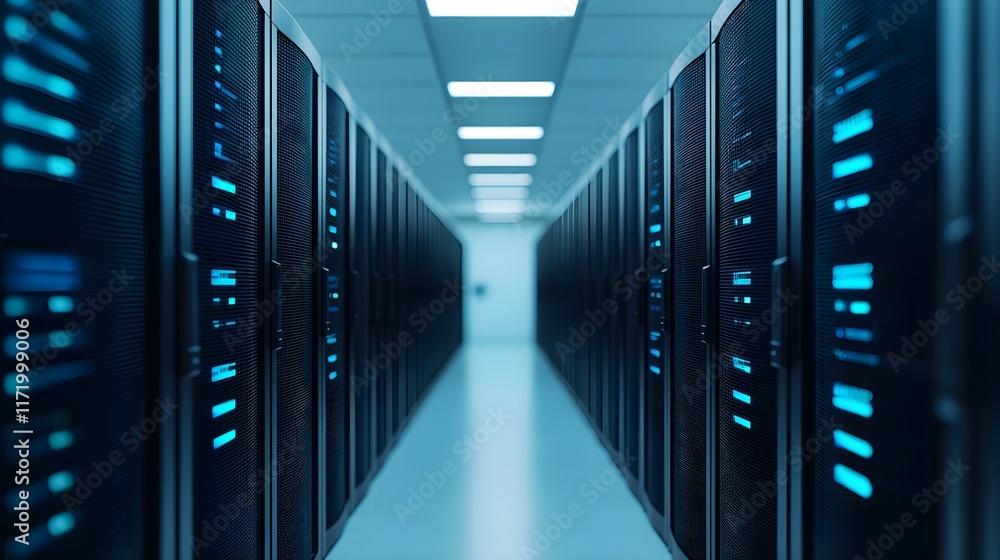 Aufkleber modern data center with rows of high-performance servers and blue led lighting in a bright, spacious