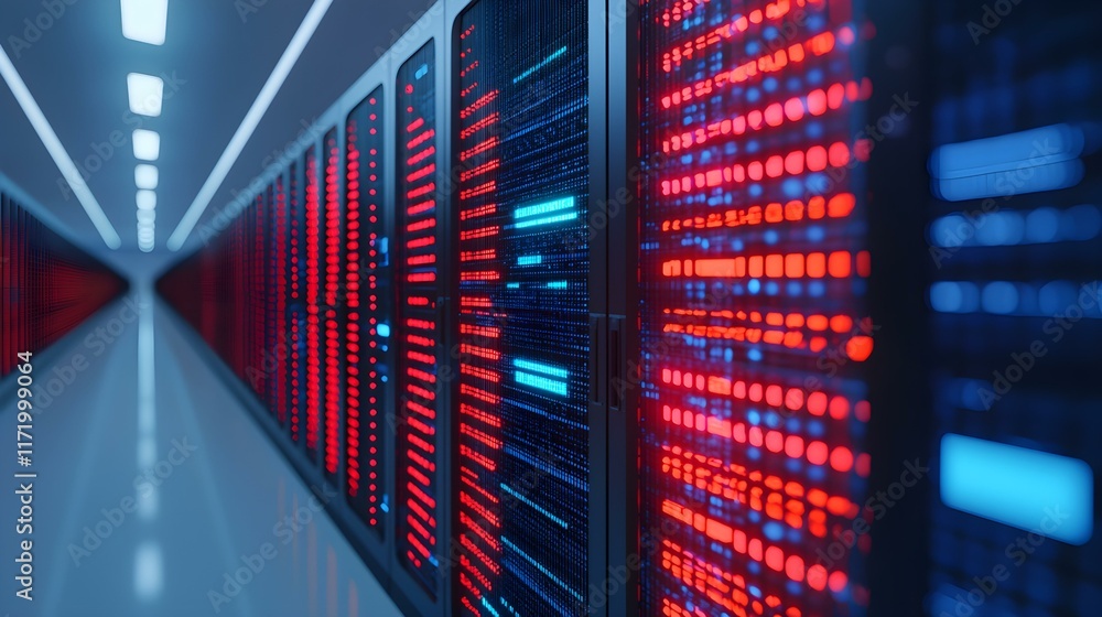 Poster server room with modern data center technology featuring blue and red led lights in a sleek high-tec