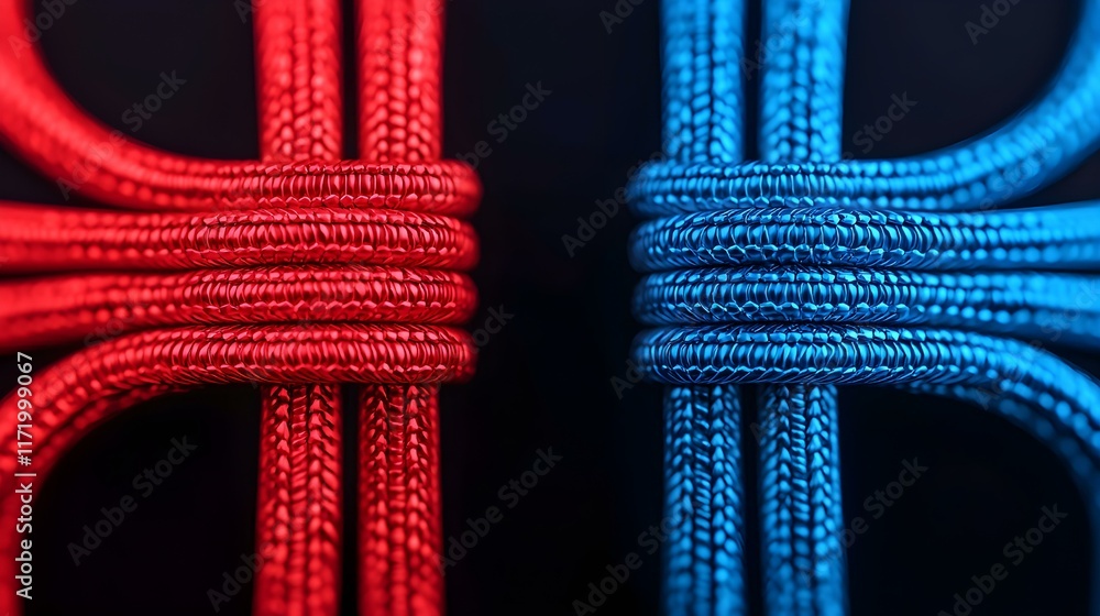 Poster close-up of intertwined red and blue paracord strands on a black background, showcasing vibrant colo