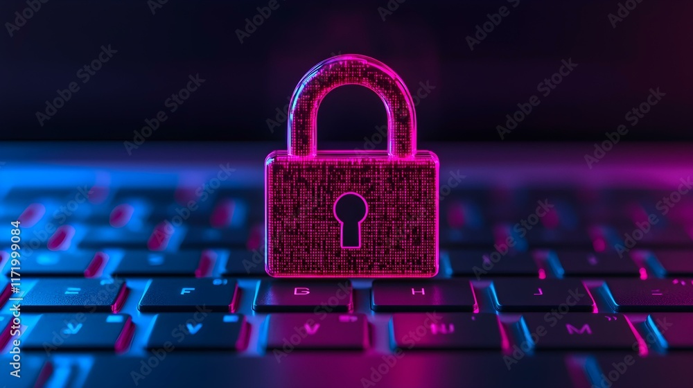Aufkleber digital lock symbol on a keyboard with neon lights highlighting cybersecurity and data protection co