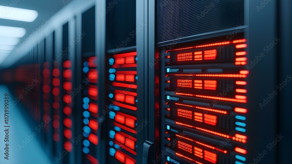 Aufkleber high-tech data center with illuminated servers and network equipment in a modern server room