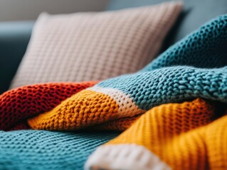 Close-up of soft, textured blankets on a couch, warm ambient light casts shadows, taken at eye level