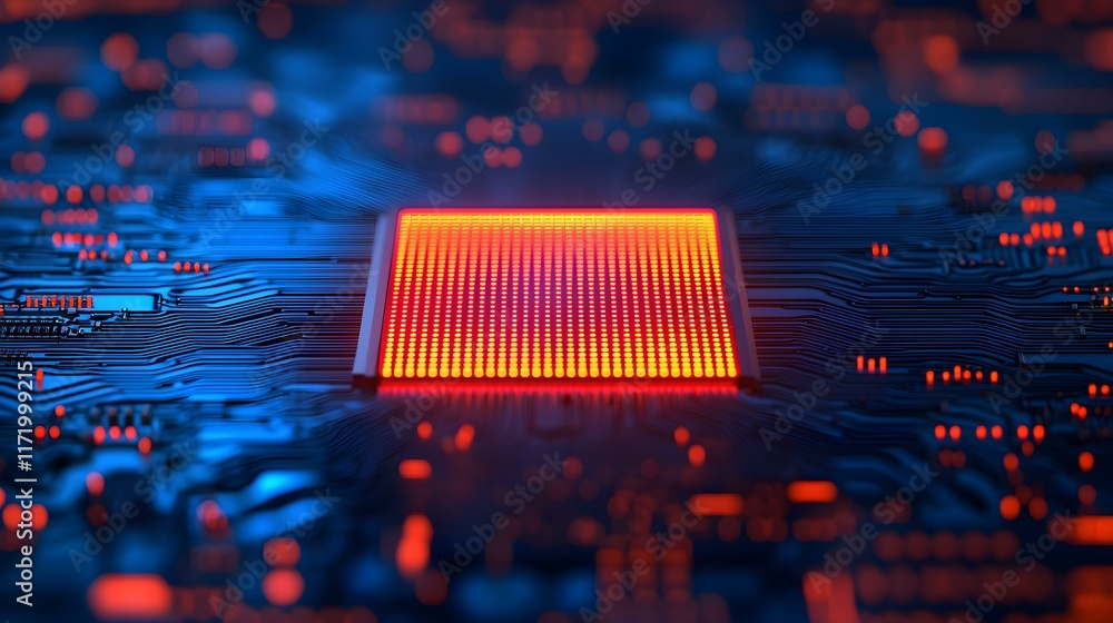 Aufkleber vibrant close-up of a computer chip on a circuit board with glowing connections and led lights