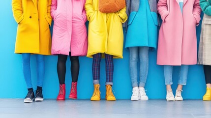 Fototapeta premium Vibrant Group of Diverse Women Wearing Colorful Coats in a Lively Urban Setting Showcasing Fashion Friendship and Joyful Outdoor Experience