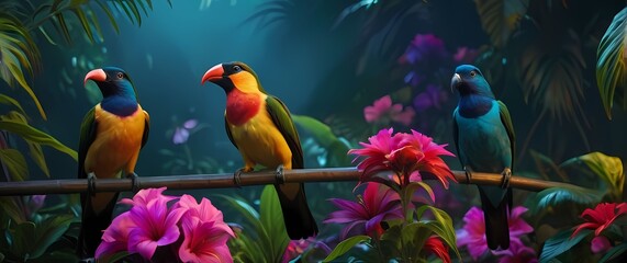 Vibrant tropical birds perched among colorful flowers in a lush garden