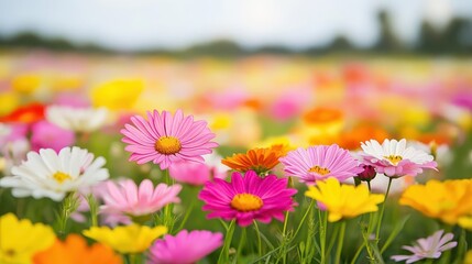 Obraz premium Colorful flower field in bloom, bright sunlight, close-up shot celebrating vibrant flora in nature