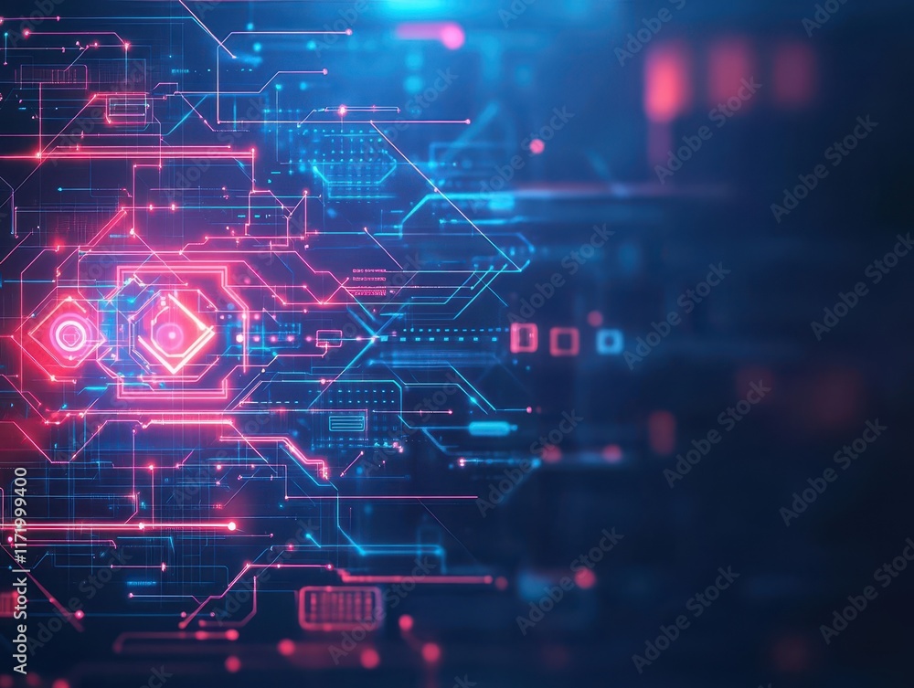 Poster Futuristic Circuit Board Design with Vibrant Red and Blue Lights Illuminating Intricate Pathways and Creating a Dynamic High-Tech Atmosphere