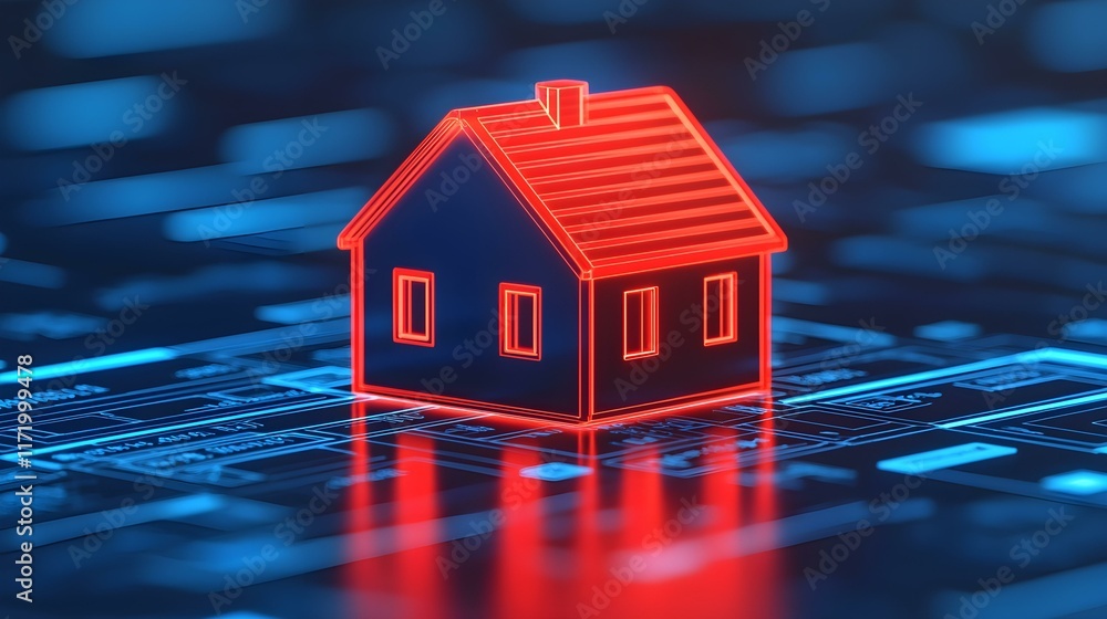 Aufkleber neon outline of a house on a digital blueprint background representing smart home technology and mod