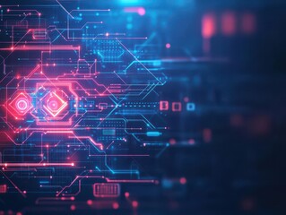 Fototapeta premium Futuristic Circuit Board Design with Vibrant Red and Blue Lights Illuminating Intricate Pathways and Creating a Dynamic High-Tech Atmosphere