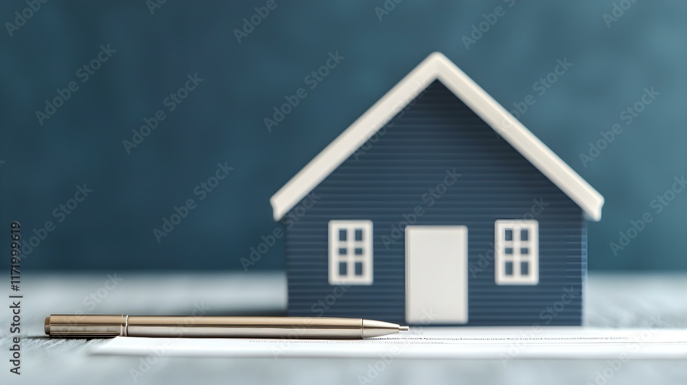 Poster detailed close-up of a model house and pen on a table with soft background suitable for real estate 
