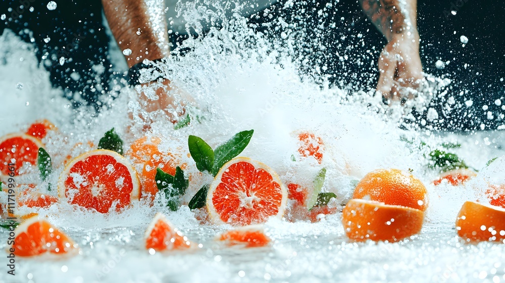 Poster fresh citrus fruits splashing in water with hands, creating a vivid and refreshing scene of oranges,
