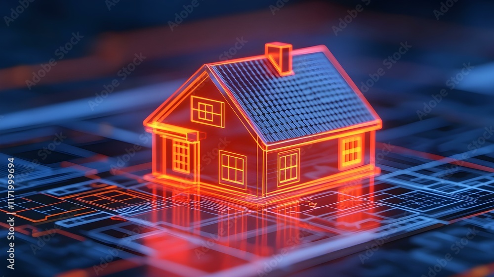 Poster digital concept of smart home technology with neon house model on circuit board background