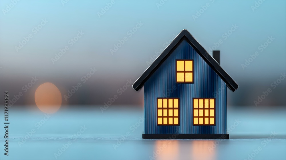 Poster miniature blue house with illuminated windows on a soft-focus background emphasizing warmth and comf