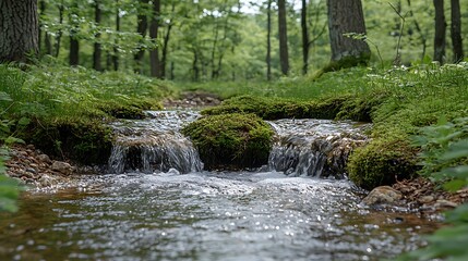 Obraz premium Serene stream flowing through lush green forest, sunlight reflecting on water surface.