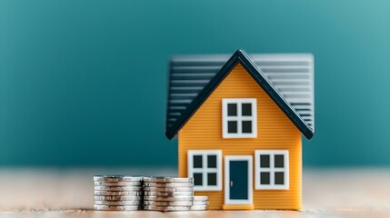 Miniature yellow house model next to stacks of coins on wooden surface with blue background representing investment and finance concepts
