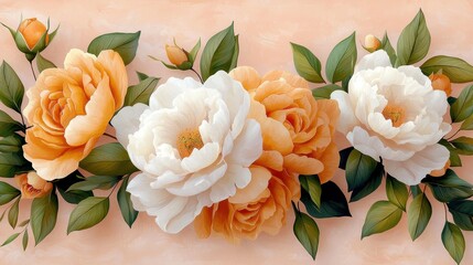 The abstract watercolor flowers on a light pink background feature delicate peonies and roses intertwined with lush green leaves