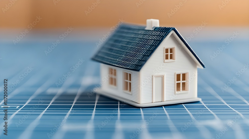 Poster small white house model with blue roof on blueprint background representing architecture and design 