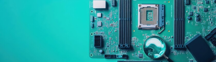 Detailoriented professional assembling a motherboard with magnifying glasses, Experience, Intricate tech servicing