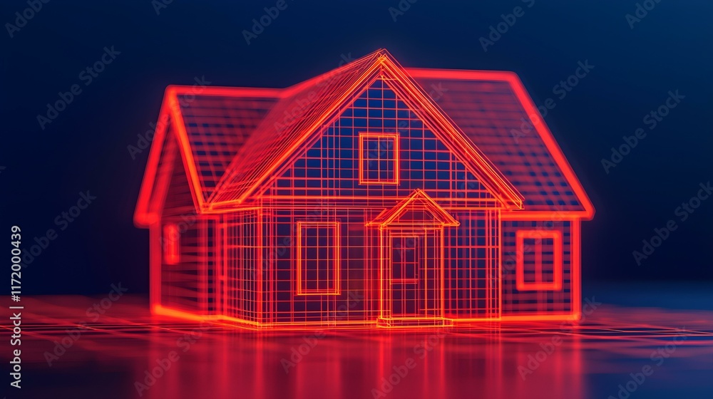 Poster wireframe model of a house in red illumination against a dark background