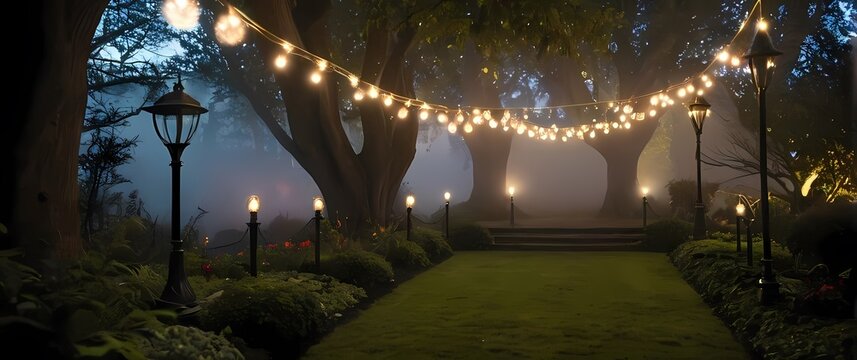 Whimsical fairy lights strung between trees in an outdoor garden setting