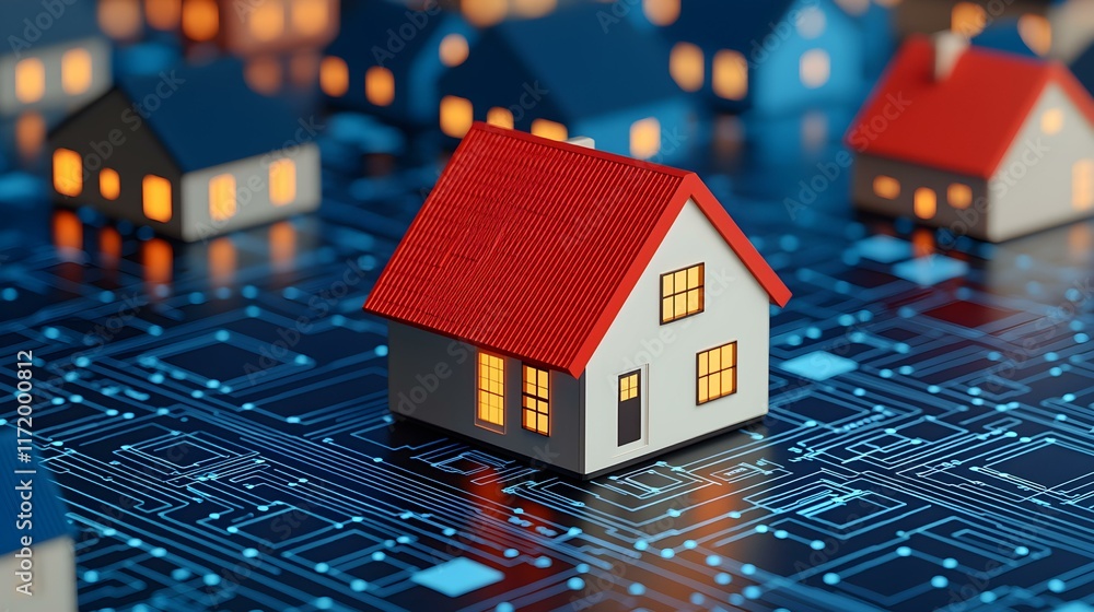 Poster digital concept of smart home technology with model house on circuit board background and glowing li
