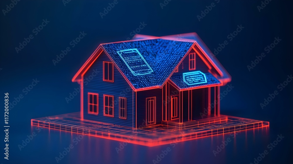 Aufkleber digital visualization of a blueprint house model with neon glow effect and architectural details