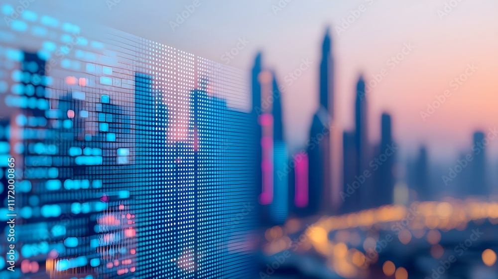 Aufkleber abstract representation of data visualization over urban skyline at dusk with blurred cityscape and 